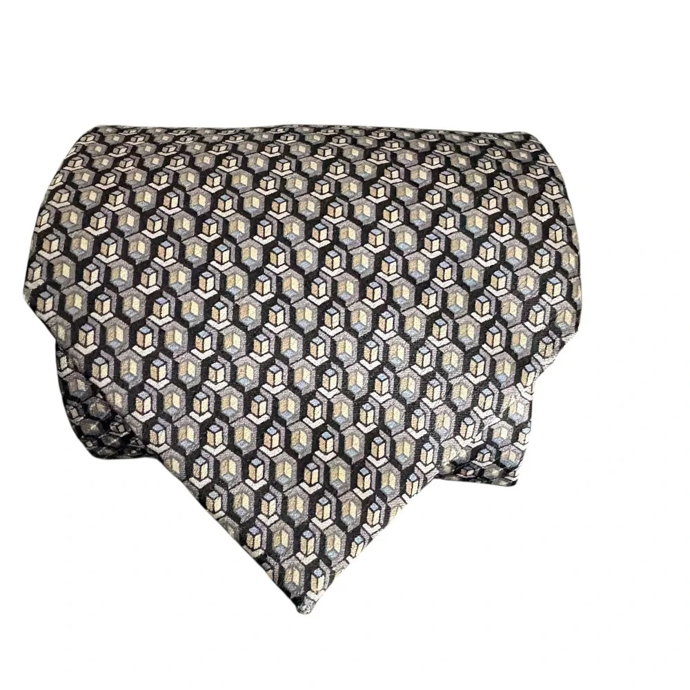 DKNY Men's Silk Tie Geometric Cube Pattern Gray Black Blue business professional
